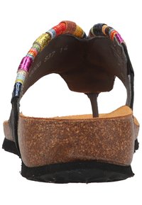 Black sandal with a cork sole, featuring a back strap adorned with colorful bead accents. Soft leather interior and textured outsole.