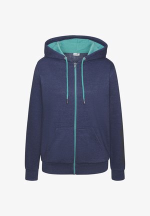 Navy zip-up hoodie with a turquoise interior, drawstring, front pockets, and ribbed cuffs. Features a logo in black on the sleeve.