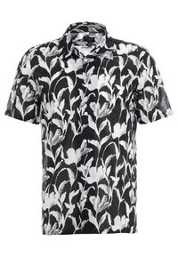 Kortärmad skjorta med knappar i svart och vitt abstrakt bladmönster och spridd krage.