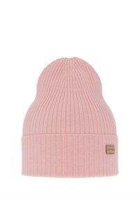 Roze gebreide muts met een geribbelde structuur, voorzien van een omgevouwen boord en een klein merklabel aan de zijkant. Zacht, rekbaar materiaal.