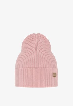 Roze gebreide muts met een geribbelde structuur, voorzien van een omgevouwen boord en een klein merklabel aan de zijkant. Zacht, rekbaar materiaal.