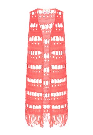 Koraal kleurige gehaakte vest met openwerk patronen, een lange snit en franjes aan de onderkant. Lichtgewicht, mouwloos ontwerp.