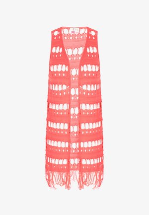Koraal kleurige gehaakte vest met openwerk patronen, een lange snit en franjes aan de onderkant. Lichtgewicht, mouwloos ontwerp.