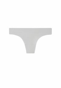 White cotton thong with a low-rise waistband and minimal rear coverage. Smooth texture, no additional patterns or embellishments.