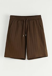 Shorts en tricot côtelé marron avec taille élastique, cordon de serrage et poches latérales, posés à plat sur un fond blanc.