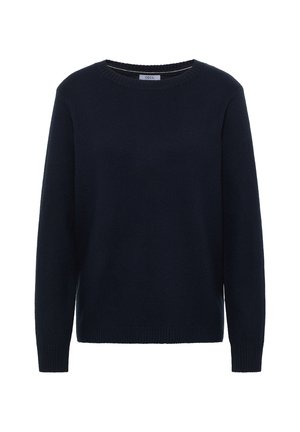 Tmavě námořnický pulovr se zaobleným výstřihem, dlouhými rukávy, žebrovanými manžetami a lemem, měkké textury, vyrobený z lehké pleteniny.