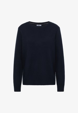 Donkerblauwe pullover trui, ronde hals, lange mouwen, geribbelde manchetten en zoom, zachte textuur, gemaakt van een lichtgewicht gebreide stof.