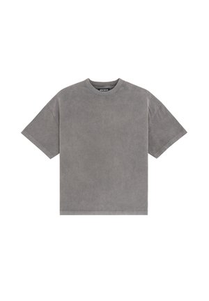 Szara koszulka z krótkim rękawem, wykonana z miękkiego, teksturowanego materiału, o luźnym kroju i okrągłym dekolcie. Charakteryzuje się minimalistycznymi detalami szycia.