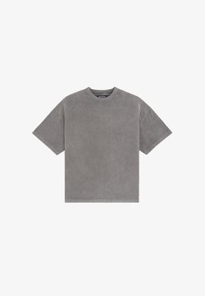 Graues T-Shirt mit kurzen Ärmeln aus weichem, strukturiertem Stoff, mit lockerer Passform und Rundhalsausschnitt. Verfügt über minimale Nähdetails.