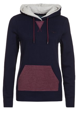 Sweat à capuche bleu marine avec capuche doublée en polaire blanche, poche kangourou bordeaux, cordons bordeaux assortis et détail triangulaire cousu sous l'encolure.