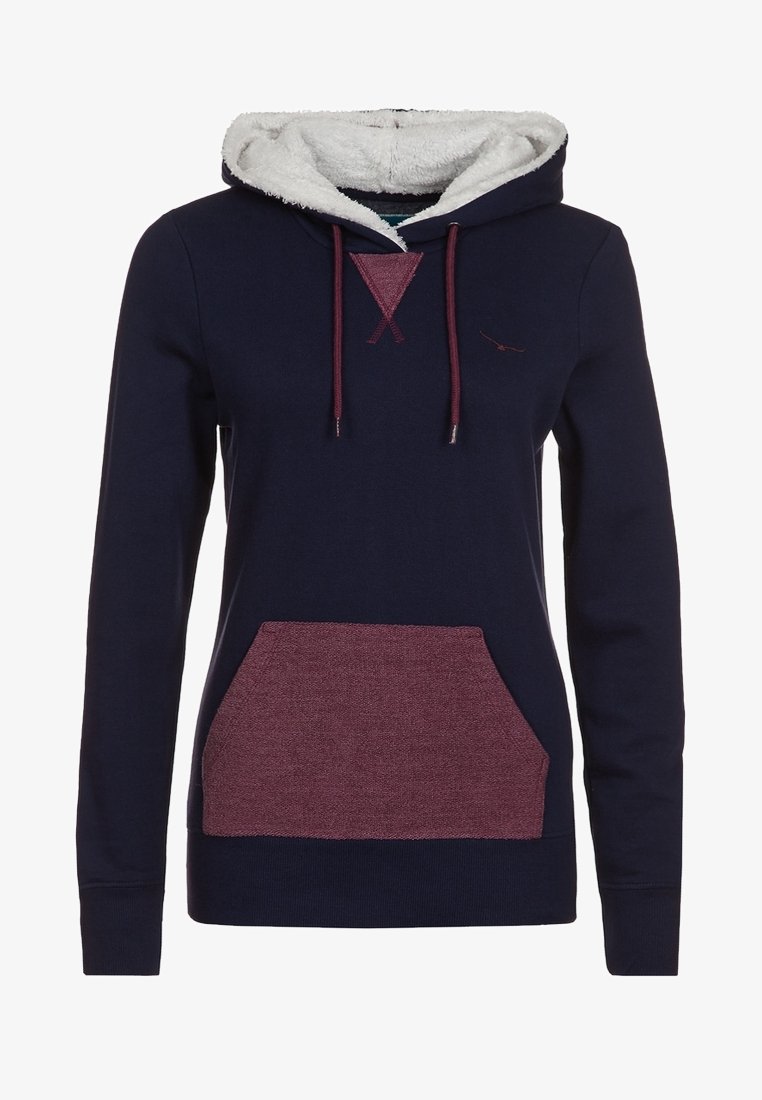 Sweat à capuche bleu marine avec capuche doublée en polaire blanche, poche kangourou bordeaux, cordons bordeaux assortis et détail triangulaire cousu sous l'encolure.