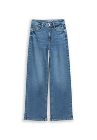 Lichtblauwe denim wijde pijpen jeans met een hoge taille, ontwerp met vijf zakken en rafelige zoomdetails. Klassieke stiksels vullen de stoftextuur aan.