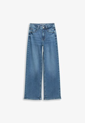 Jasnoniebieskie dżinsy o szerokich nogawkach z wysokim stanem, pięcioma kieszeniami i wykończeniem z postrzępionym brzegiem. Klasyczne przeszycia podkreślają fakturę materiału.