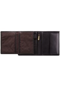 Black leather wallet featuring multiple card slots, a zippered compartment, and a dark fabric lining with a subtle logo pattern.