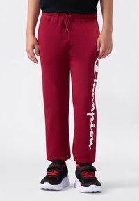 Niño vestido con pantalones de chándal rojos con el logo blanco de "Champion" en la pierna izquierda y zapatillas negras con cordones rojos sobre un fondo blanco.