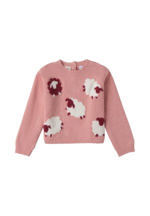 Pull pour enfants de couleur rose avec cinq motifs de moutons blancs et bourgogne, doté de manches longues et d'un col rond.