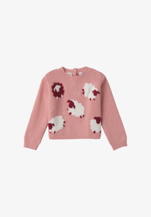 Rosa Kinderpullover mit fünf weißen und burgunderfarbenen Schafmotiven, mit langen Ärmeln und einem runden Halsausschnitt.