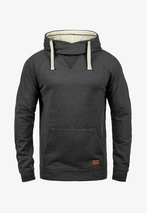 Bluza z kapturem w ciemnoszarym kolorze, z dekoltem w kształcie litery V, kremowymi sznurkami, przednią kieszenią typu kangur i małą skórzaną naszywką z logo.