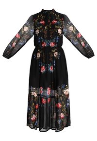 Robe longue noire transparente à manches longues avec col montant et broderie florale multicolore, taille froncée et jupe à étages.