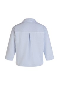 Blau-weißer gestreifter Hemd, halblangärmelig, mit Rückenfalte, Button-Down-Kragen, aus leichtem Stoff.