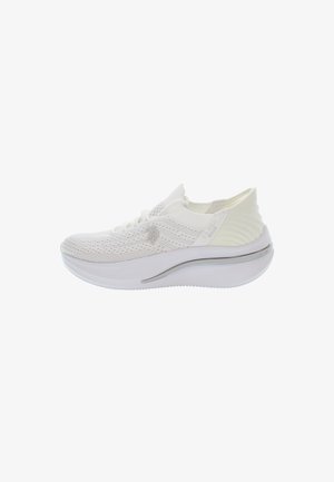 White athletic shoe featuring a breathable knit upper, sleek design, rounded toe, cushioned sole, and textured accents on the heel.