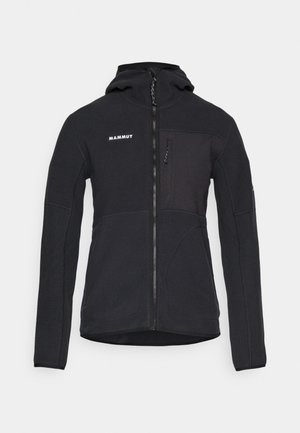 Black hooded fleece jacket with a front zipper, featuring a chest pocket and smooth texture. Brand logo displayed on the upper left side.