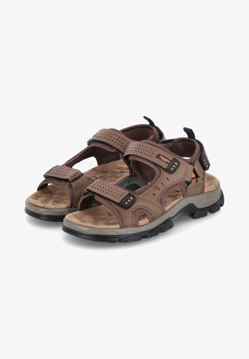 Brown sandals with adjustable straps, perforated design, cushioned insole, and rubber outsole. Features orange accents and reinforced stitching.