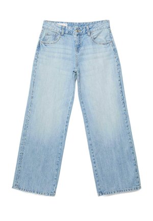Svetlomodré džínsy s širokými nohavicami, striebornými nitmi pozdĺž bočných švov, prednými vreckami, pútkami na opasok a zapínaním na gombík v páse.