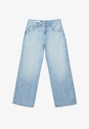 Svijetloplave traperice širokih nogavica s srebrnim zakovicama duž bočnih šavova, prednjih džepova, petlji za remen i kopčanjem na gumbiće u struku.