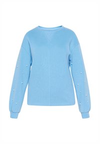 Jasnoniebieska bluza z miękkiego materiału, z długimi rękawami ozdobionymi perłowymi akcentami, klasycznym okrągłym dekoltem i ściągaczami przy rękawach.
