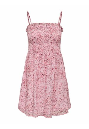 Robe sans manches rose à motif floral, corsage froncé, fines bretelles et jupe trapèze, conçue pour un usage estival décontracté.
