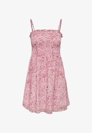 Robe sans manches rose à motif floral, corsage froncé, fines bretelles et jupe trapèze, conçue pour un usage estival décontracté.