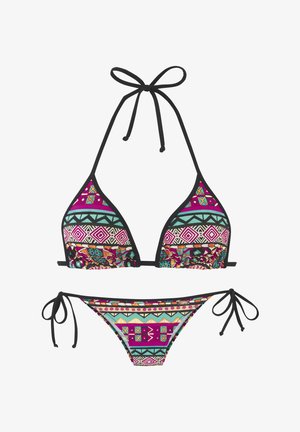 Bikini-Set mit Triangel-Oberteil und Seitenschnürung. Mit lebendigen geometrischen Mustern in Lila, Türkis und Schwarz sowie Rüschendetails.