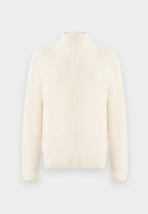 Cremefarvet, strikket sweater med høj krave, lange ærmer, tekstureret mønster og ribbede manchetter og kant. Ingen synlige lukninger.