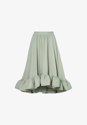 Mint green, knee-length skirt made of soft fabric with a gathered waist and a ruffled hem, featuring a flowing design and smooth texture.