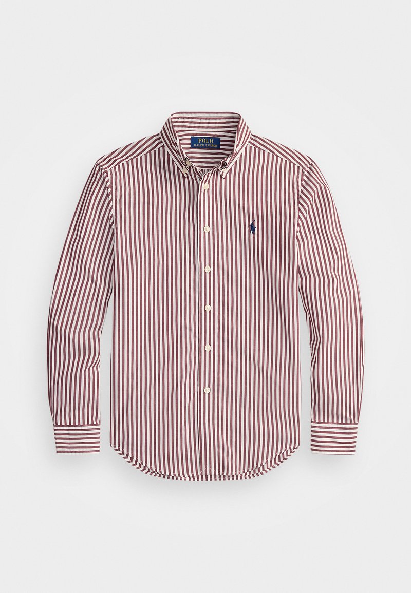 Chemise à rayures rouges et blanches, à col classique, à manches longues et à ourlet arrondi. Présente un petit logo brodé sur la poitrine.