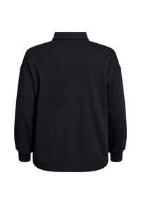 Schwarzer Pullover-Hoodie mit Kragen, lässiger Passform und langen Ärmeln. Glattes Material mit gerippten Bündchen und Saum.