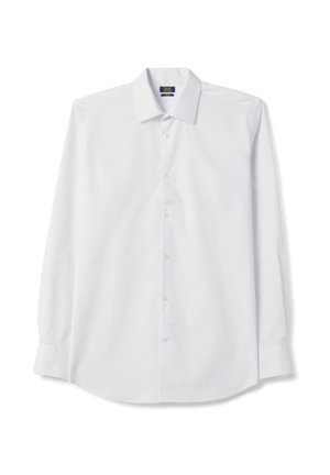 Weißes langärmeliges Hemd mit Knopfleiste, spitzem Kragen, einfachen Manschetten und OVS-Markenlabel innen am Kragen.