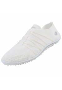 White knit slip-on shoes with a textured upper, elastic lace design, and a flexible rubber sole featuring small grip studs.