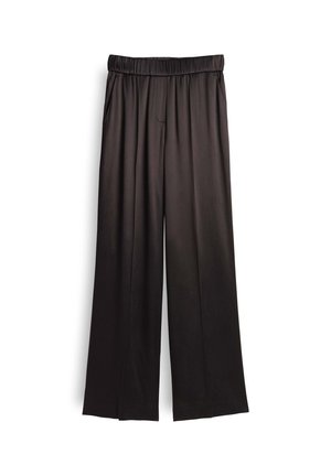 Pantaloni neri a gamba larga in tessuto liscio con vita elasticizzata. Presentano una tasca frontale e un design morbido e fluido.