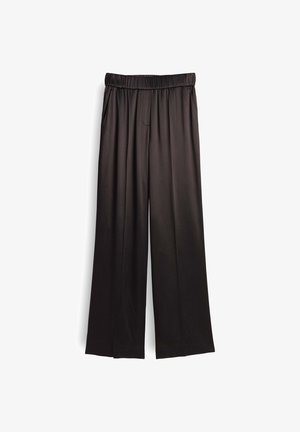Pantaloni neri a gamba larga in tessuto liscio con vita elasticizzata. Presentano una tasca frontale e un design morbido e fluido.