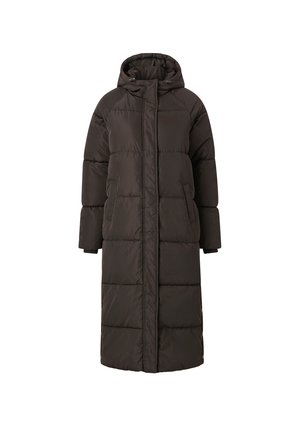 Long, dark brown puffer coat with a hood, featuring quilted sections and a front zipper closure. Made of insulated, smooth material.