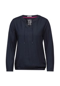 Navyblauw langarm T-shirt van een gestructureerde stof, met V-hals, verstelbare trekkoord en elastische zoom. Heeft een roze accent bij de binnenhals.