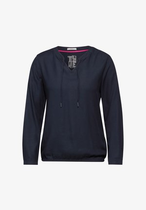 Navyblauw langarm T-shirt van een gestructureerde stof, met V-hals, verstelbare trekkoord en elastische zoom. Heeft een roze accent bij de binnenhals.