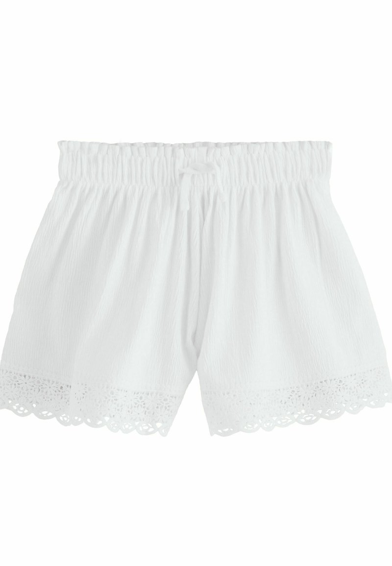 Weiße Shorts aus strukturiertem Stoff mit einem elastischen Bund und einem dekorativen, gewellten Spitzenabschluss. Leichtes und lockeres Design.