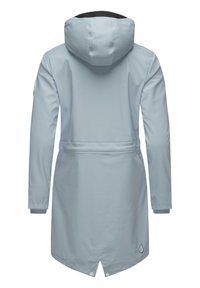 Light blue waterproof coat with a hood, drawstring waist, and elastic cuffs; features a rounded hem and a small logo detail.