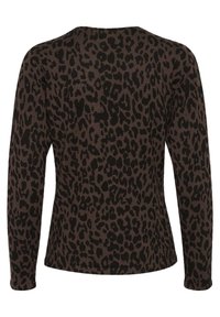 Long-sleeve sweater in brown with a black leopard print pattern. Features a rounded neckline and ribbed cuffs. Soft knit texture.