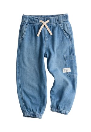 Lyseblå denim bukser med elastisk talje og snøre, med sidelommer og en cargolomme med et mærke.