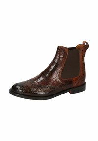 Botas Chelsea de cuero marrón con textura de cocodrilo, detalles perforados, paneles laterales elásticos y un lazo en el talón para ponérselas fácilmente.