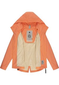 Wasserfeste Jacke in hellem Orange mit einer weichen beigen Fütterung, verstellbarer Kapuze, Frontreißverschluss und markiertem Innenlabel.